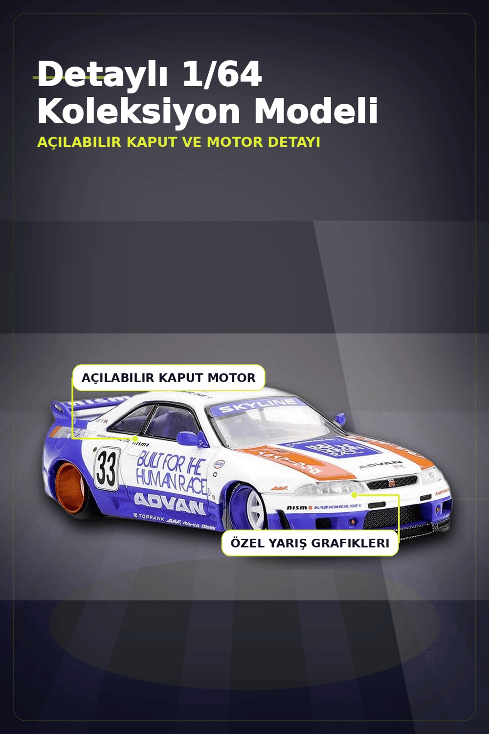 Özel Boya Kaplamalı 1/64 Ölçek Nissan Skyline GT-R R33 Diecast Model Araba BX-313372