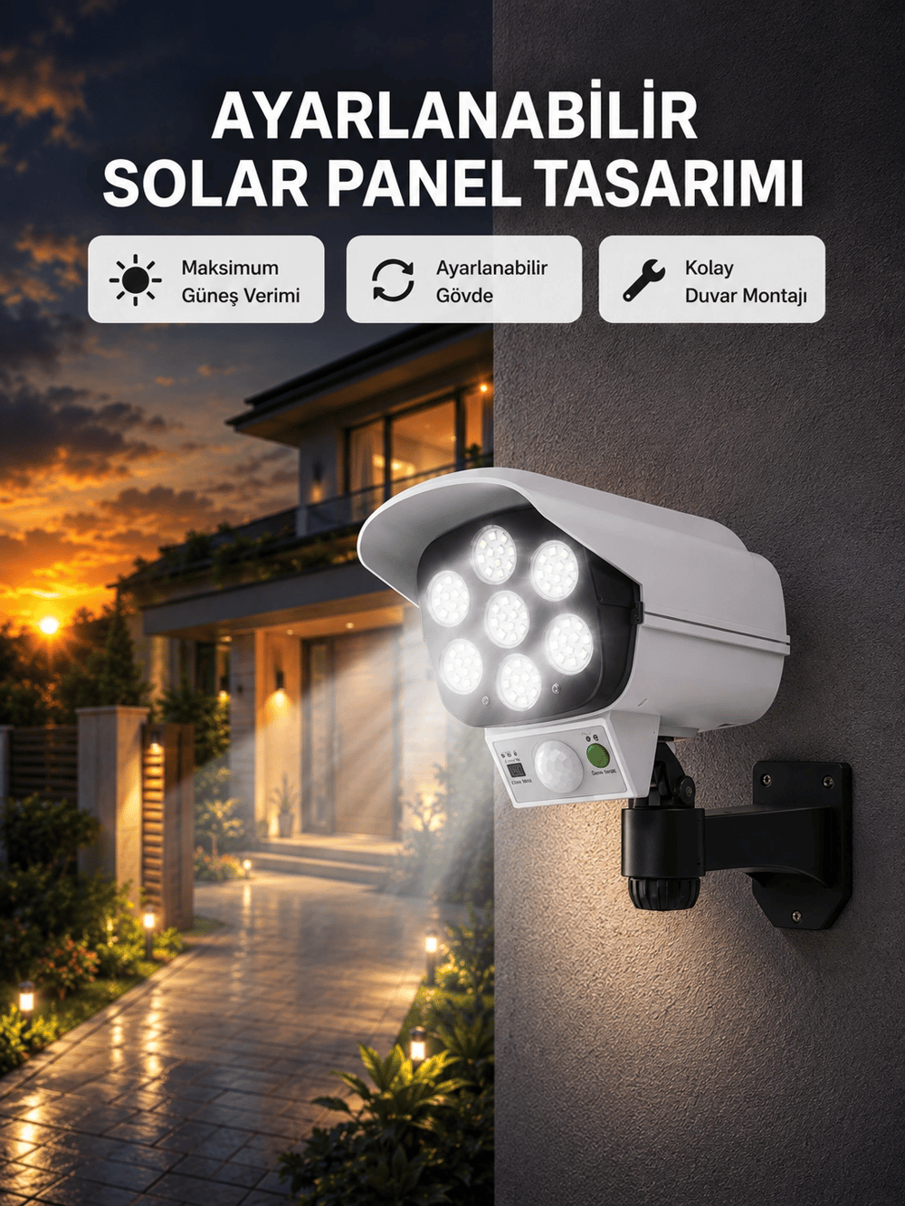 PVC+PC Malzemeli, 2si 1 Arada Güvenlik Lambası – Ayarlanabilir Başlık ve Panel Açısı