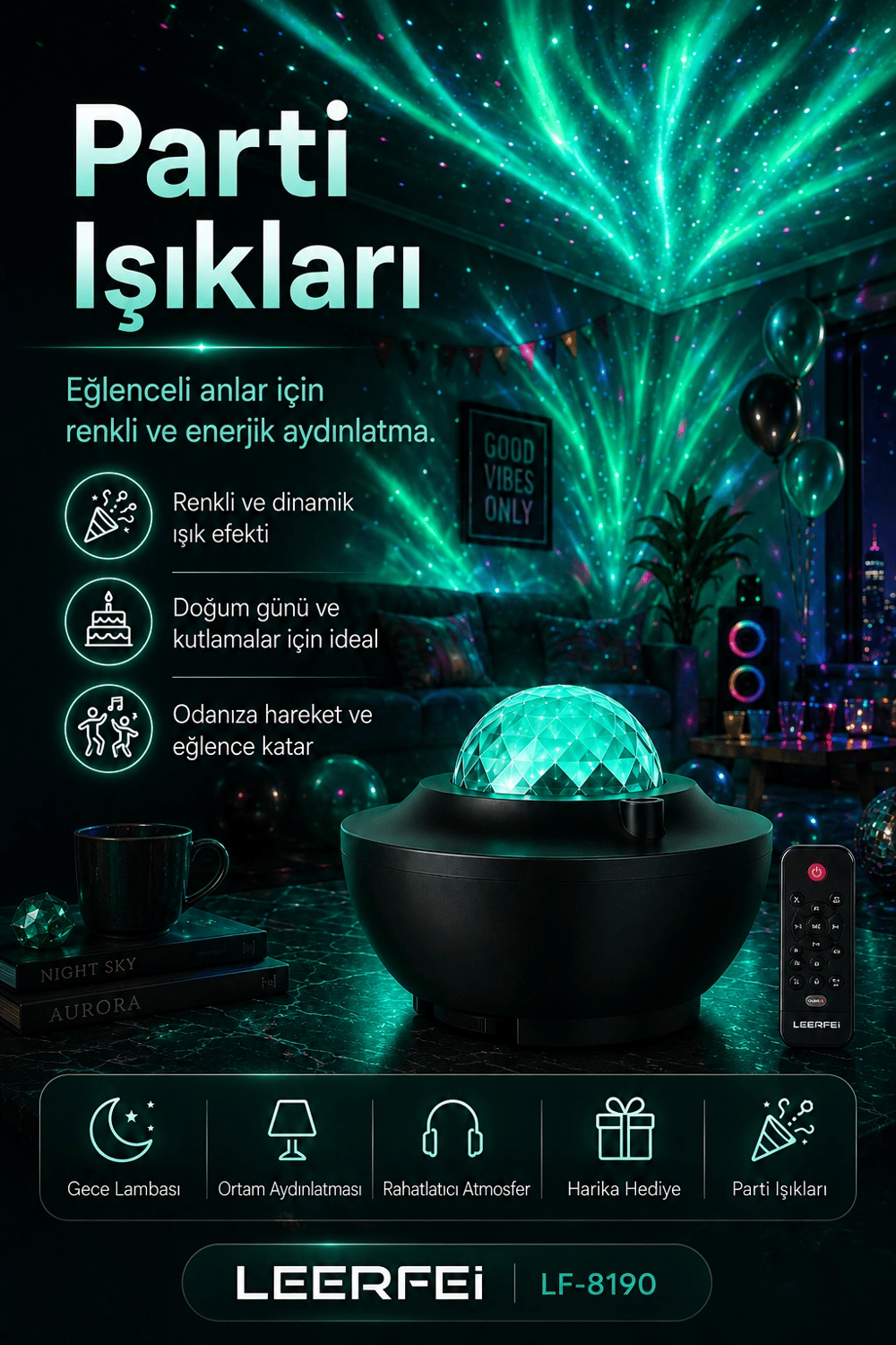 Parti Işığı Özellikli Galaksi Projeksiyon Lambası Kumandalı Gece Aydınlatması