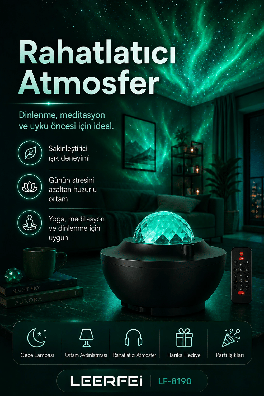 Parti Işığı Özellikli Galaksi Projeksiyon Lambası Kumandalı Gece Aydınlatması