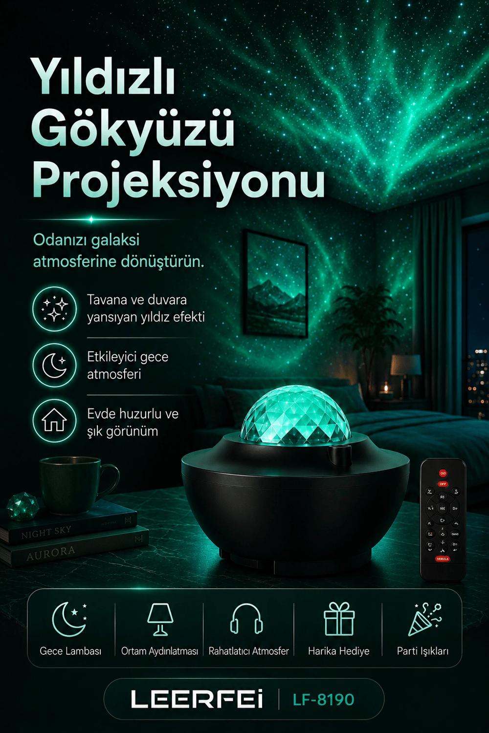 Parti Işığı Özellikli Galaksi Projeksiyon Lambası Kumandalı Gece Aydınlatması