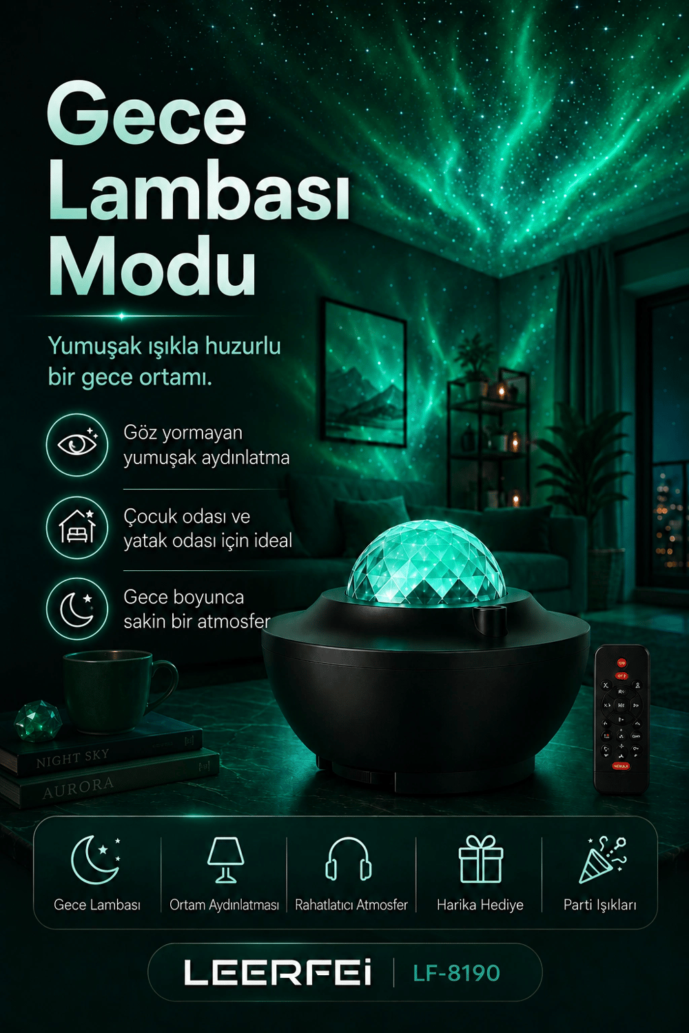 Parti Işığı Özellikli Galaksi Projeksiyon Lambası Kumandalı Gece Aydınlatması