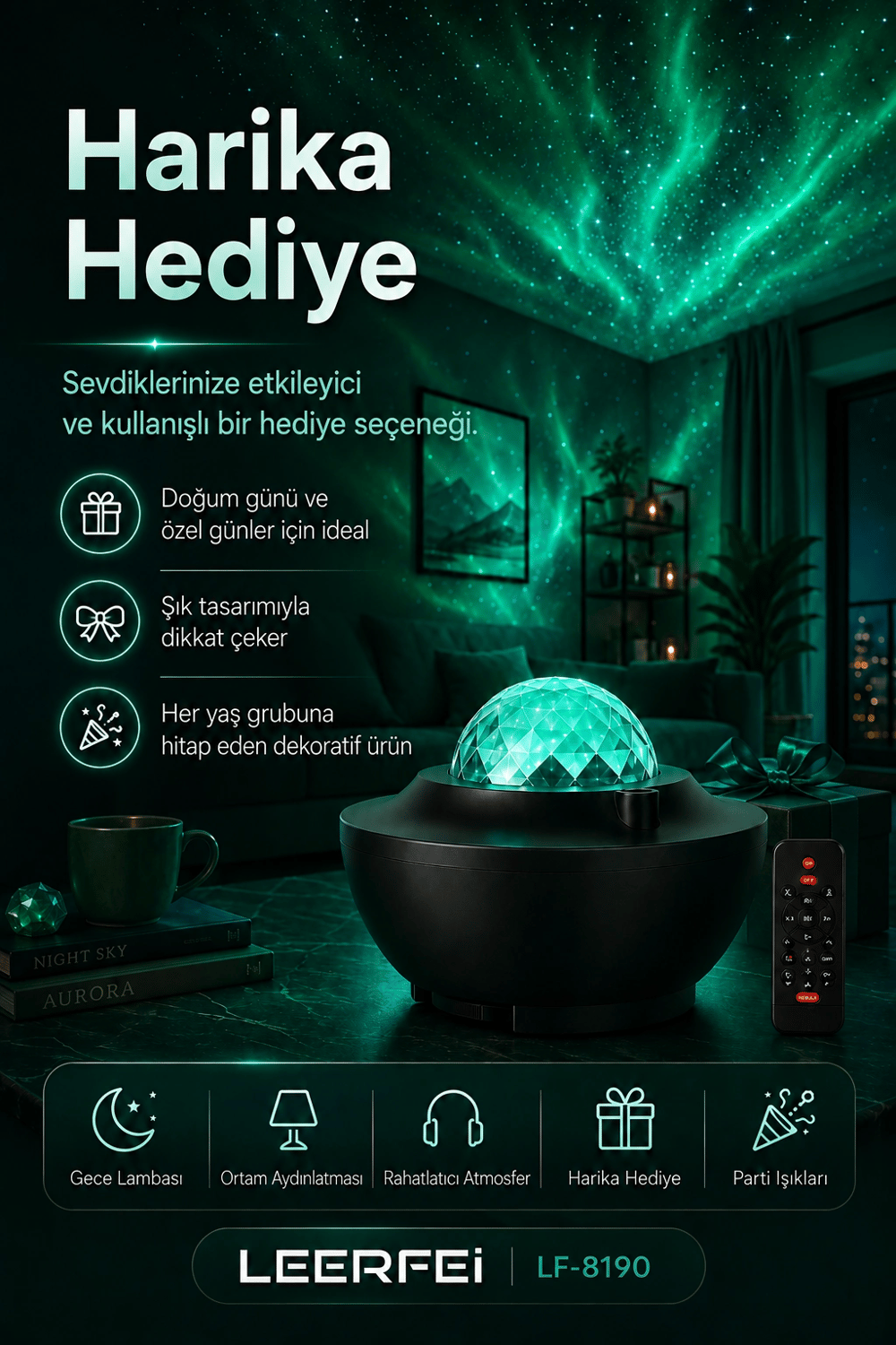Parti Işığı Özellikli Galaksi Projeksiyon Lambası Kumandalı Gece Aydınlatması