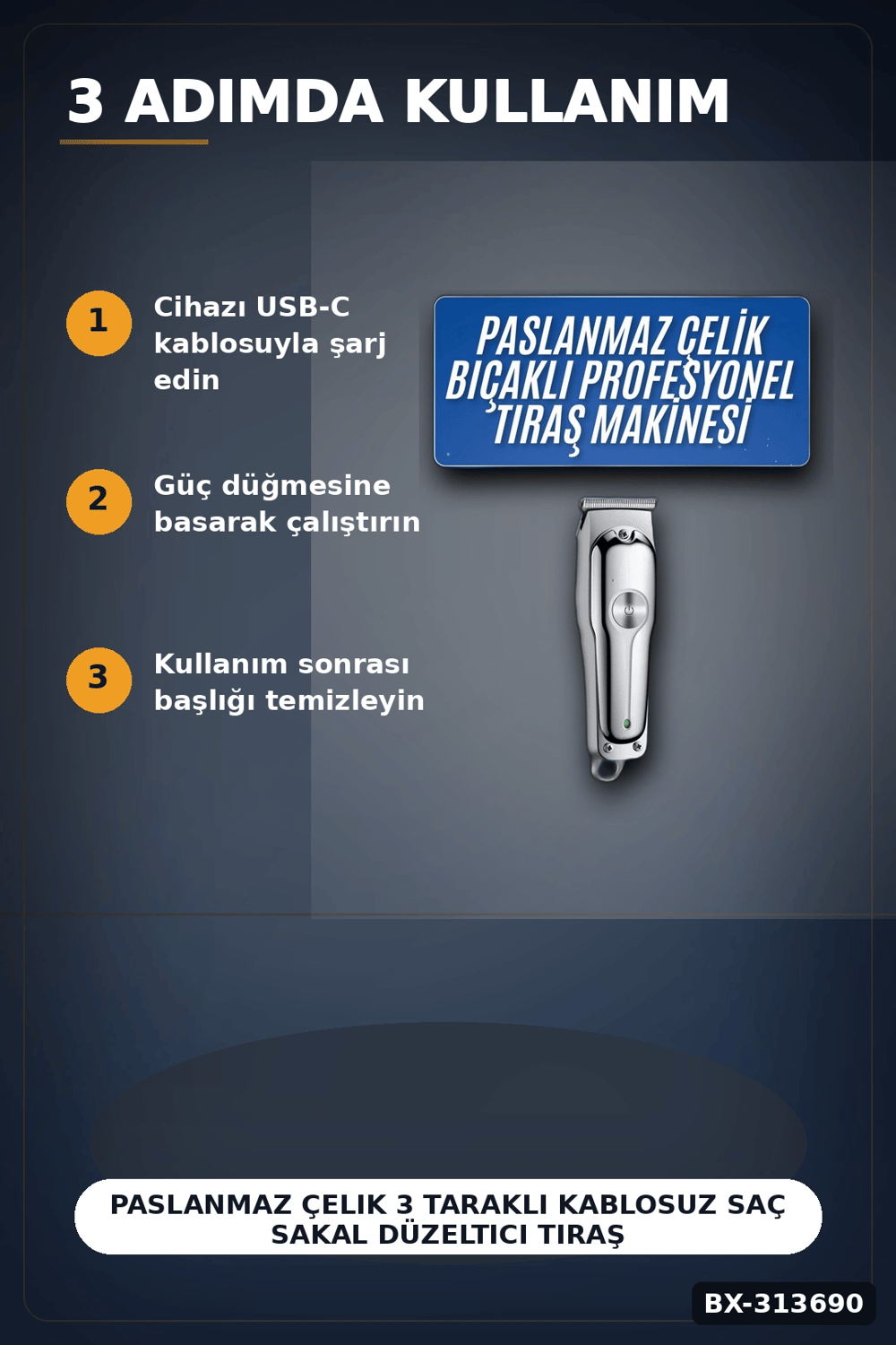 Paslanmaz Çelik 3 Taraklı Kablosuz Saç Sakal Düzeltici Tıraş Makinesi Seti BX-313690