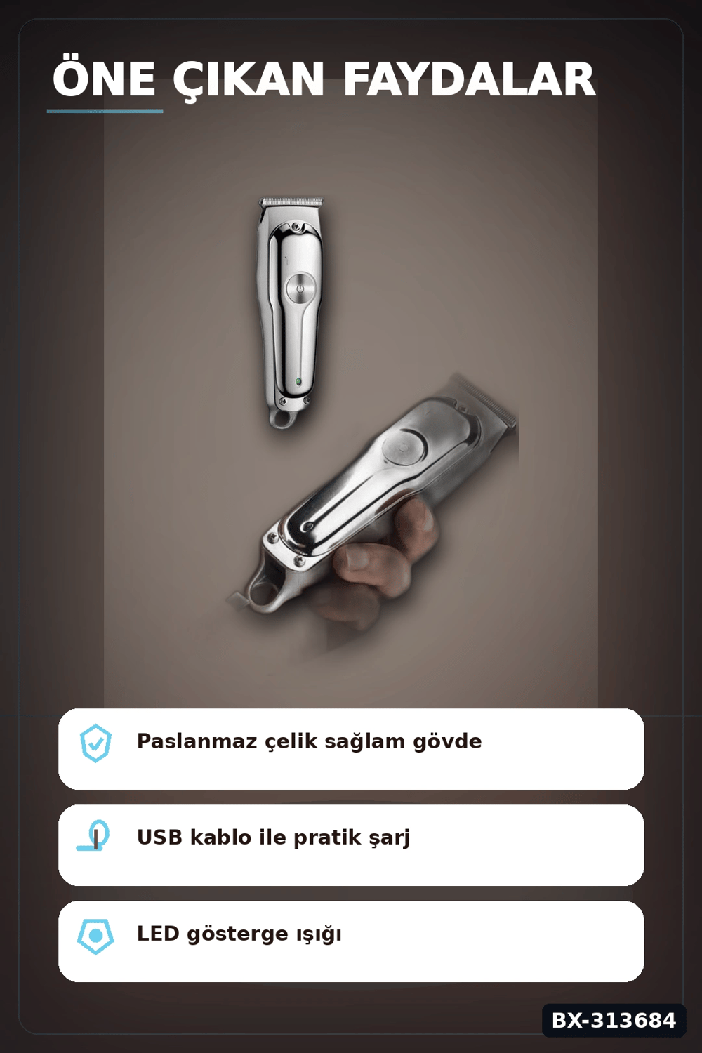 Paslanmaz Çelik 3 Taraklı Saç Sakal Düzeltici Tıraş Makinesi Seti, Şarjlı Taşınabilir BX-313684