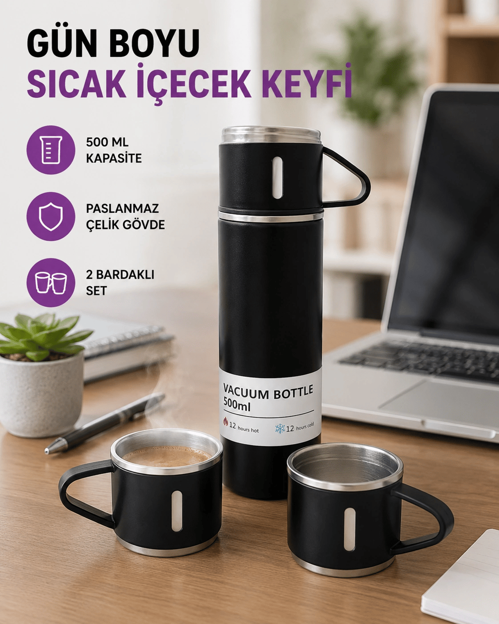 Paslanmaz Çelik 500 ml Termos Seti – 8 Saat Isı Koruma, Vakumlu, Sızdırmaz ve Taşınabilir