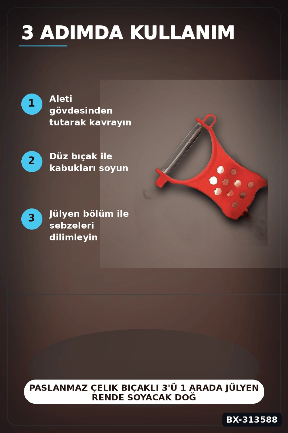 Paslanmaz Çelik Bıçaklı 3ü 1 Arada Jülyen Rende Soyacak Doğrayıcı Mutfak Aleti BX-313588