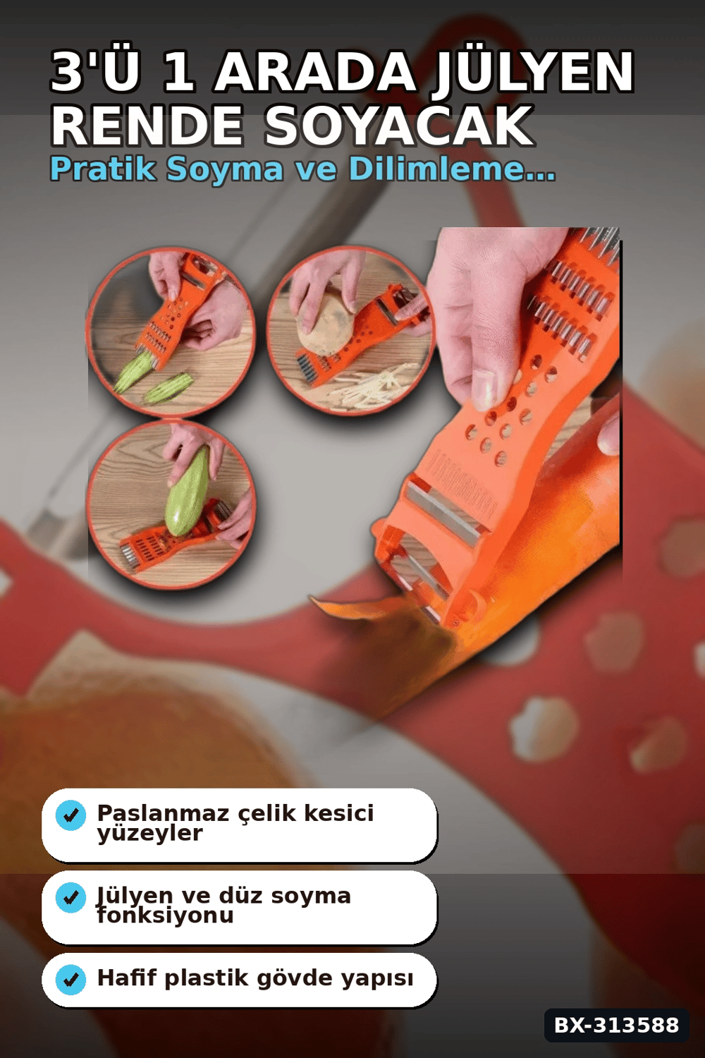Paslanmaz Çelik Bıçaklı 3ü 1 Arada Jülyen Rende Soyacak Doğrayıcı Mutfak Aleti BX-313588