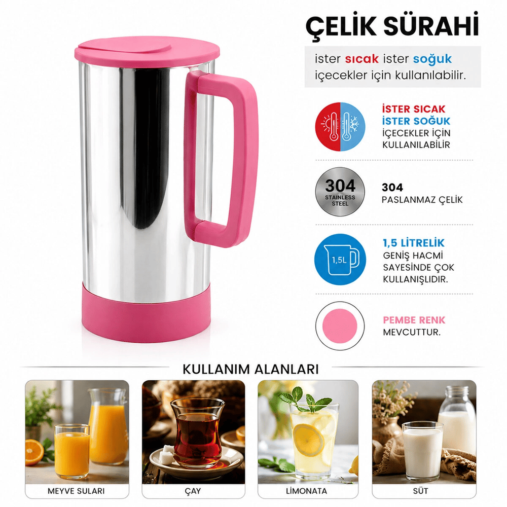Pembe - Paslanmaz Çelik Sıcak - Soğuk Çelik Sürahi Bx40
