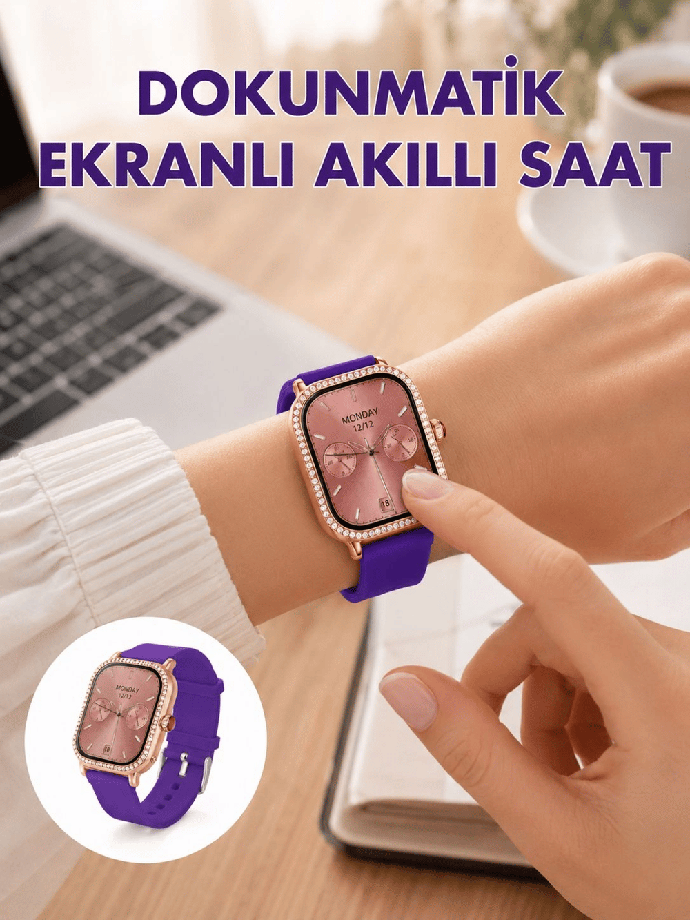 Pembe Mor ve Metal Kordonlu Akıllı Saat Hediye Seti