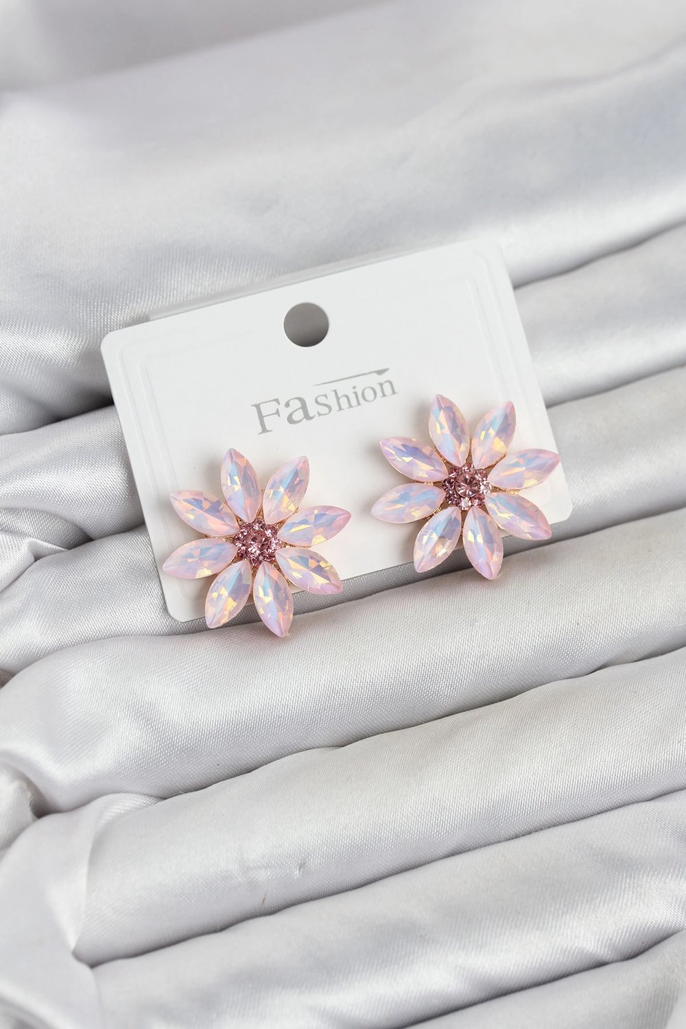 Pembe Renk Kristal Taşlı Lotus Çiçek Model Kadın Küpe