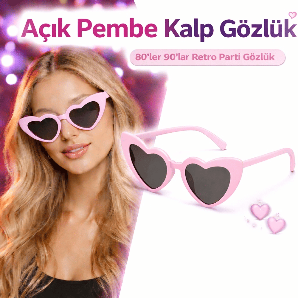 Fuşya  Retro Kalp Gözlük – 80’ler 90’lar Stil Parti Gözlüğü