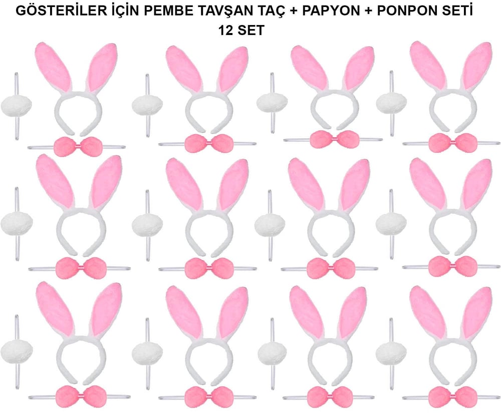 Pembe Tavşan Kostüm Seti – Taç, Papyon, Ponpon (12’li Paket) (3936)