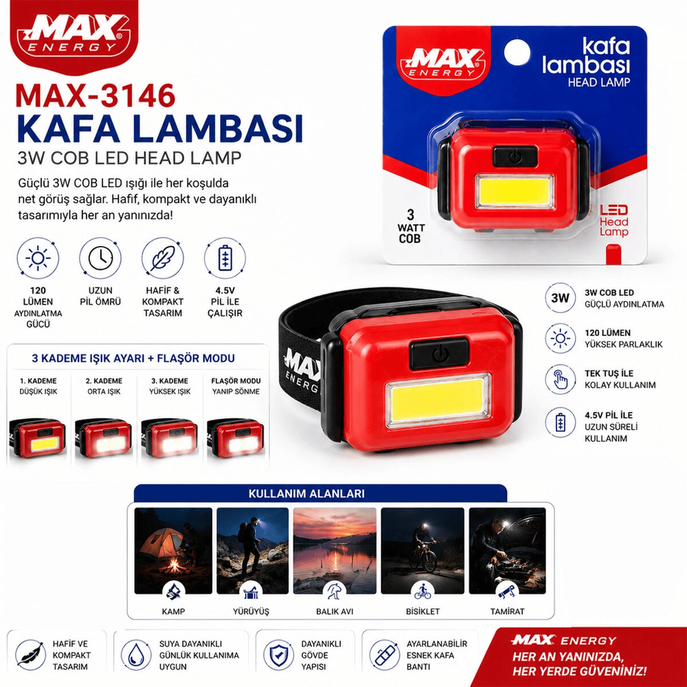 Pilli 3w Cob Led Kafa Lambası Fener 3-kademe Işık Ayarı- Flaşör 4.5v 120lümen Bx40