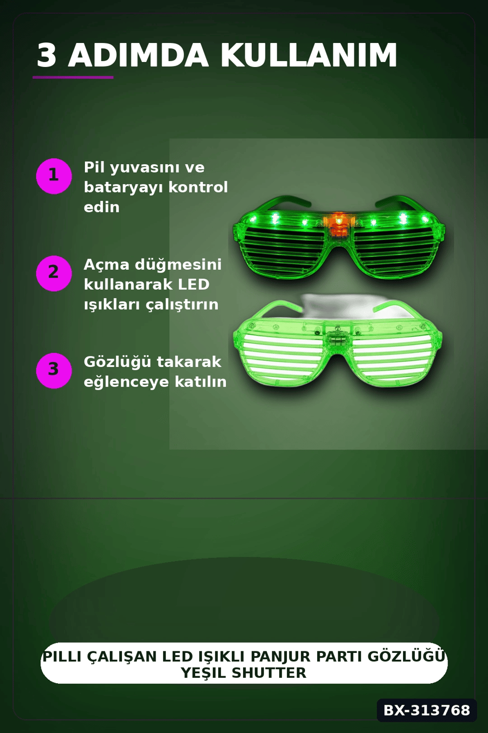Pilli Çalışan Led Işıklı Panjur Parti Gözlüğü Yeşil Shutter Model 1 Adet BX-313768