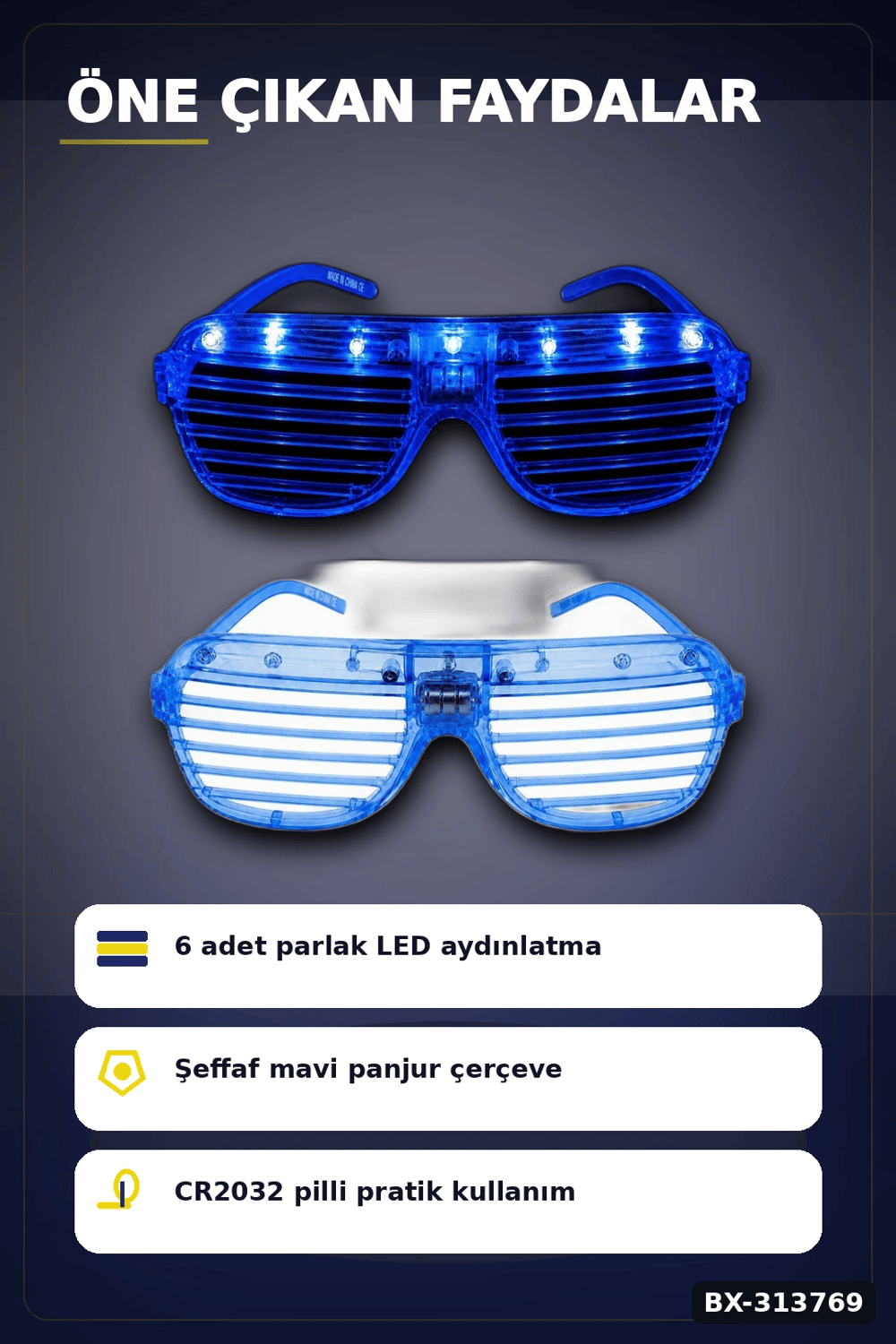 Pilli Led Işıklı Shutter Panjur Parti Gözlüğü 1 Adet Yetişkin Çocuk Aksesuarı BX-313769