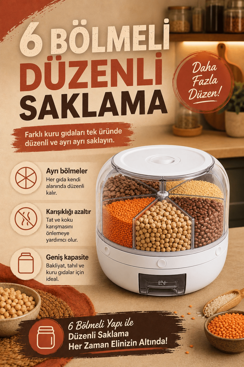 Pirinç Mercimek Makarna İçin 6 Hazneli Kuru Gıda Saklama Kutusu Dağıtıcı Hazneli