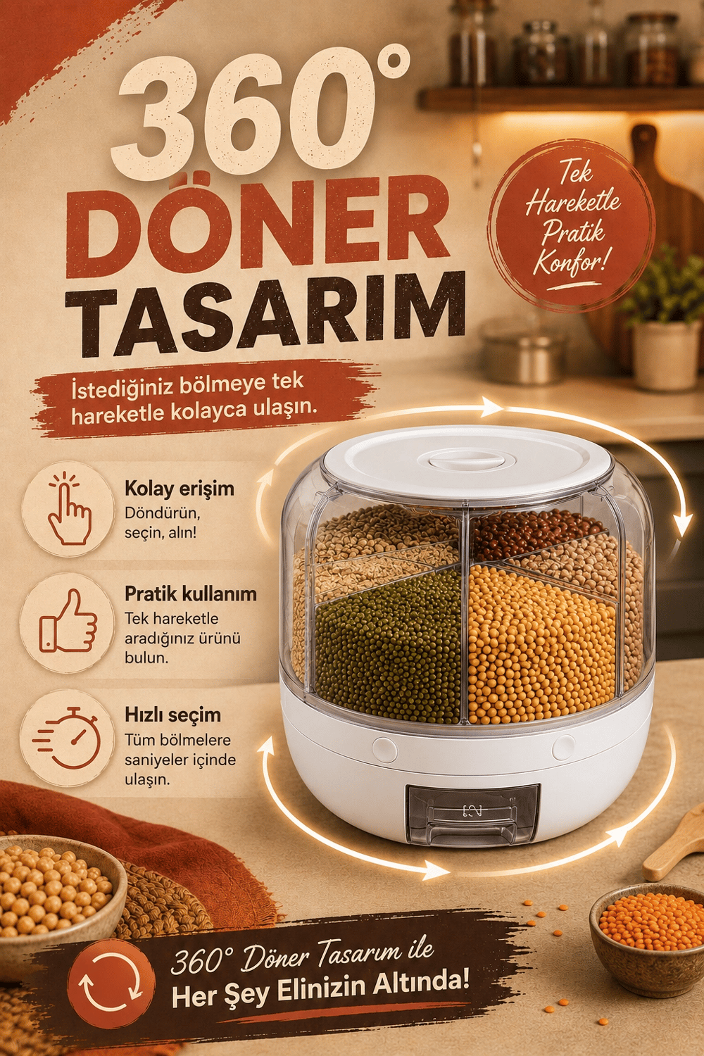 Pirinç Mercimek Makarna İçin 6 Hazneli Kuru Gıda Saklama Kutusu Dağıtıcı Hazneli