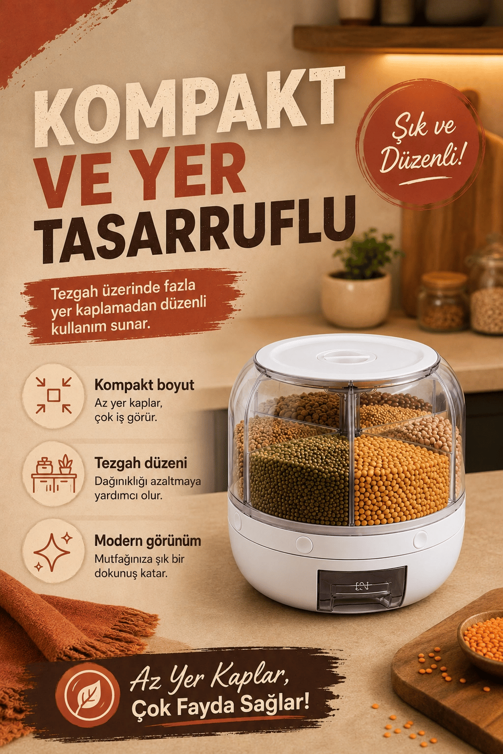 Pirinç Mercimek Makarna İçin 6 Hazneli Kuru Gıda Saklama Kutusu Dağıtıcı Hazneli