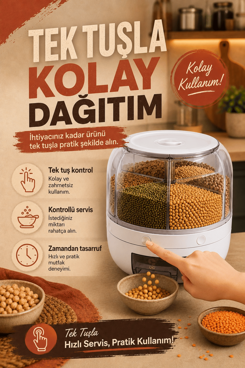 Pirinç Mercimek Makarna İçin 6 Hazneli Kuru Gıda Saklama Kutusu Dağıtıcı Hazneli