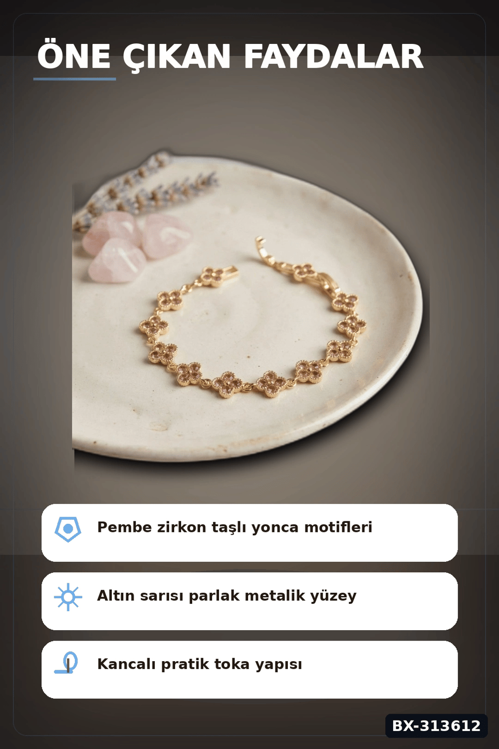 Pirinç Yonca Desenli Zirkon Taşlı Kadın Bileklik - Tekli Paket, Rengi Zarif Aksesuar BX-313612