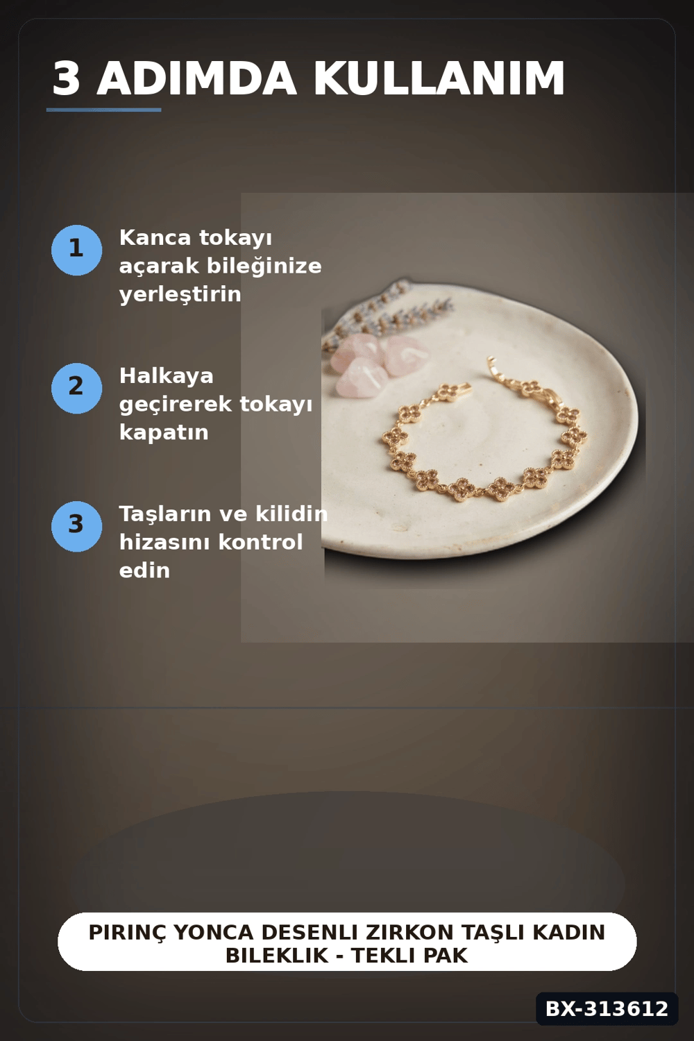 Pirinç Yonca Desenli Zirkon Taşlı Kadın Bileklik - Tekli Paket, Rengi Zarif Aksesuar BX-313612