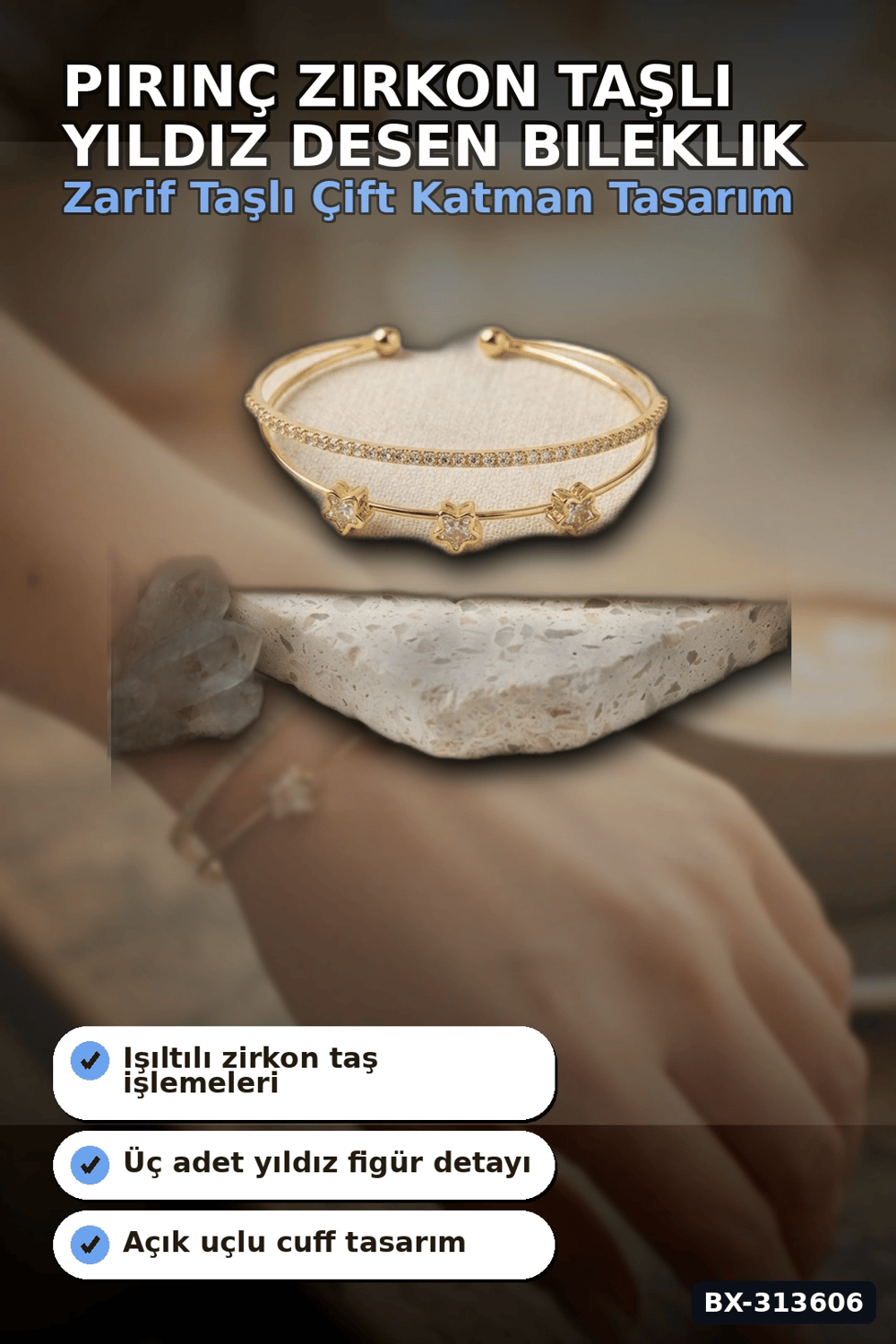 Pirinç Zirkon Taşlı Yıldız Desen Gold Renk Bileklik - 1 Adet Bayan Takı BX-313606