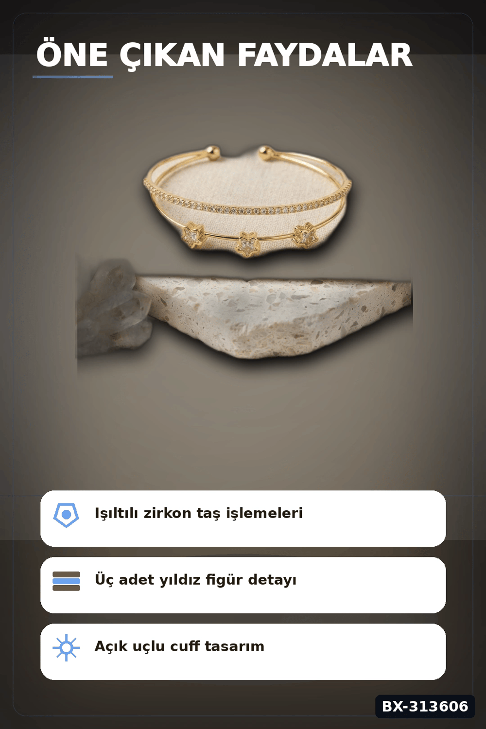 Pirinç Zirkon Taşlı Yıldız Desen Gold Renk Bileklik - 1 Adet Bayan Takı BX-313606