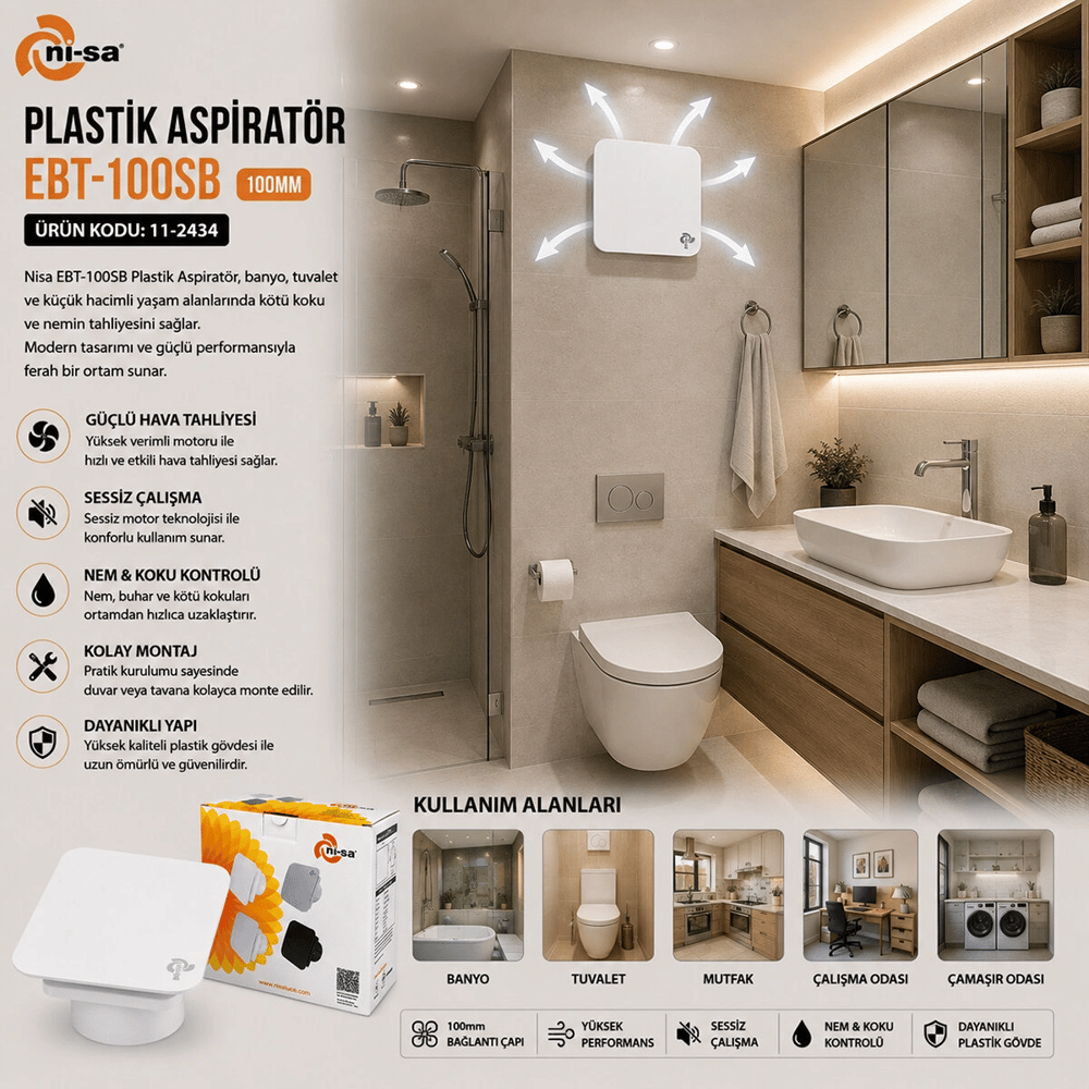 Plastik Aspiratör 100 Beyaz Banyo Tuvalet Havalandırma Aspiratörü 12w Ebt-100sb Bx40