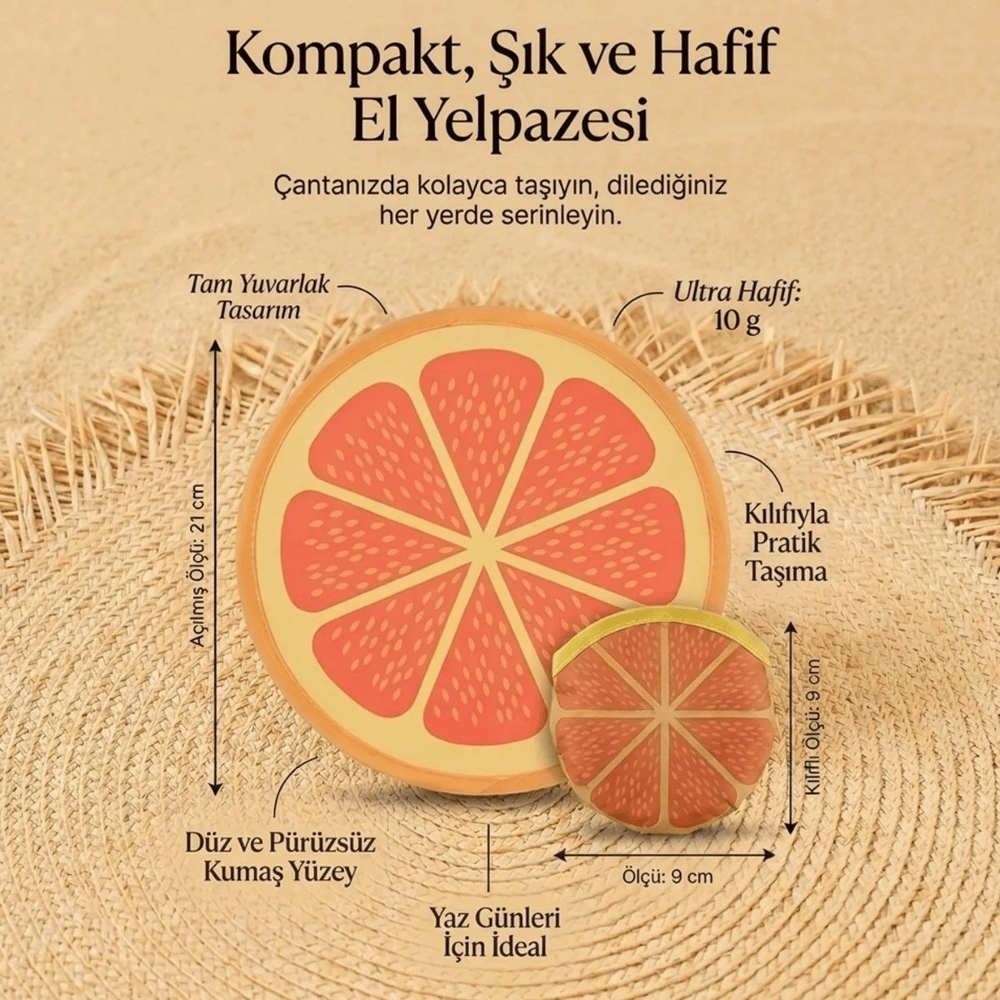 Portakal Dilimi Desenli Katlanabilir Cep Yelpazesi - Kılıflı Yuvarlak Kumaş El Yelpazesi Bx40
