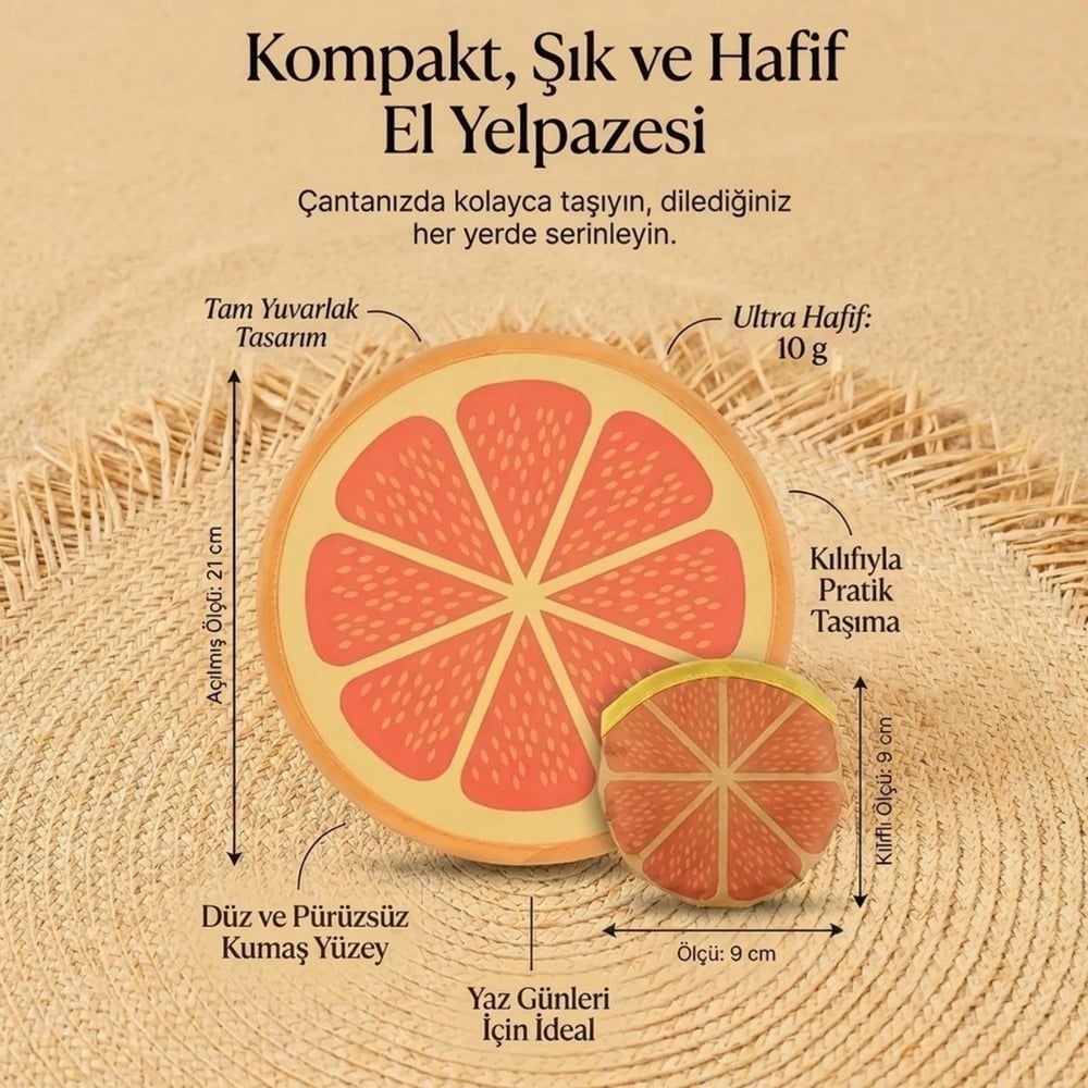 BUFFER® Portakal Dilimi Desenli Pratik Katlanabilir El Yelpazesi – Kılıflı Yuvarlak Pratik Otomatik Açılıp Kapanan Cep Yelpazesi