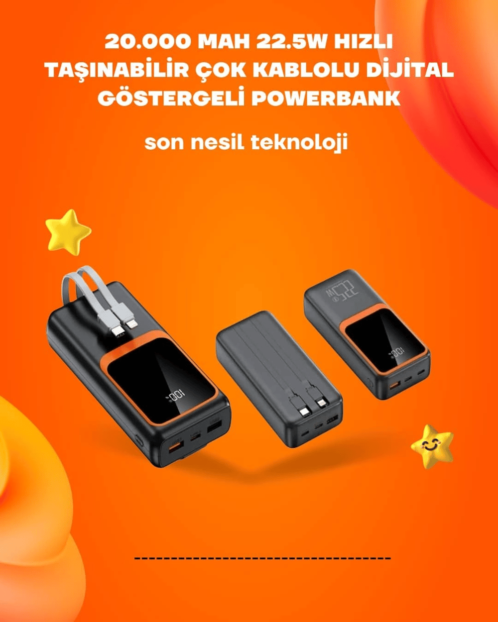 Powerbank 20000 mAh | 22.5W Hızlı Şarj, Dahili Kablolu, LCD Ekranlı Şarj Cihazı