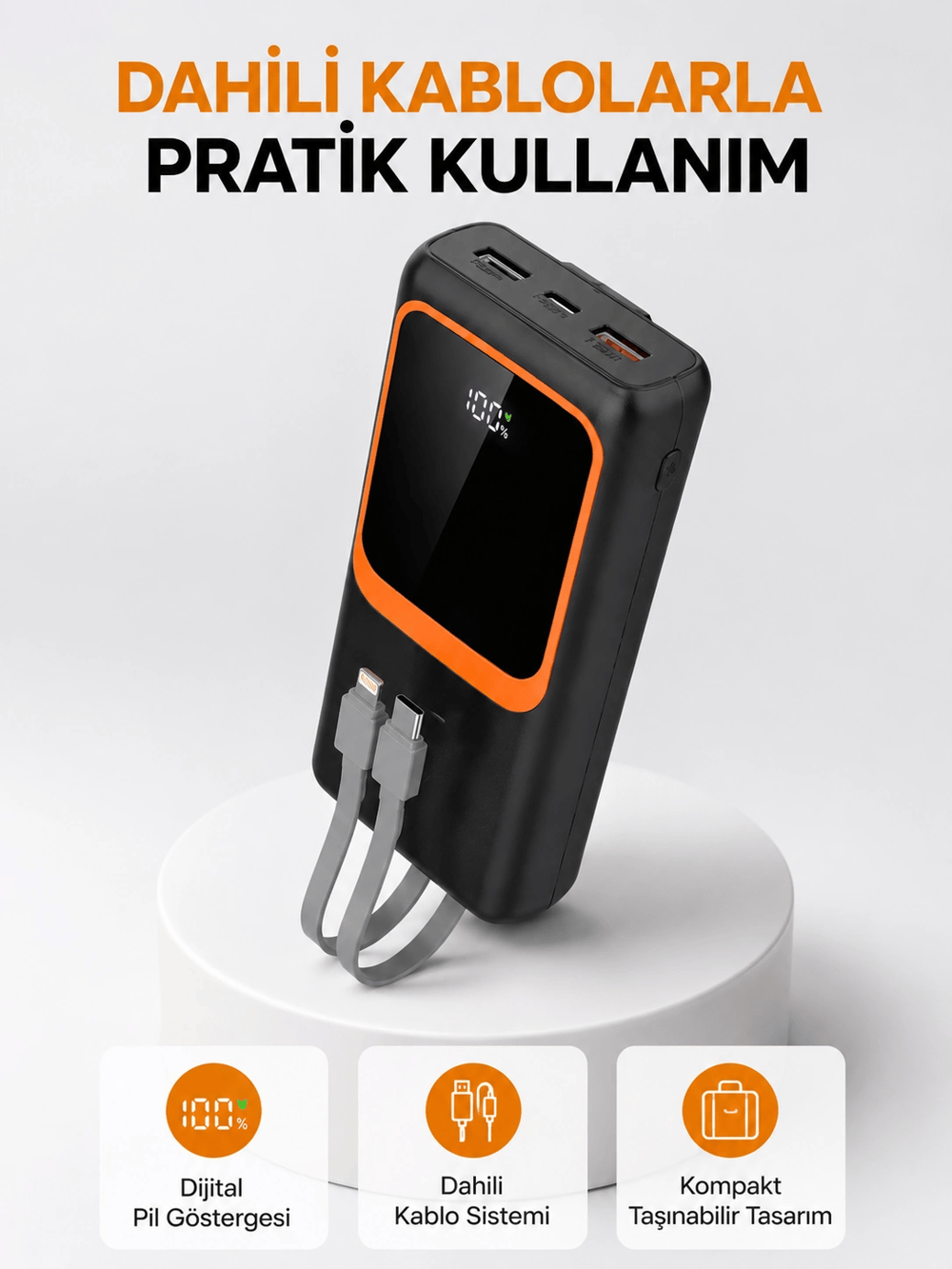 Powerbank 20000 mAh Dijital Ekranlı ve Çok Kablolu Hızlı Şarj Cihazı