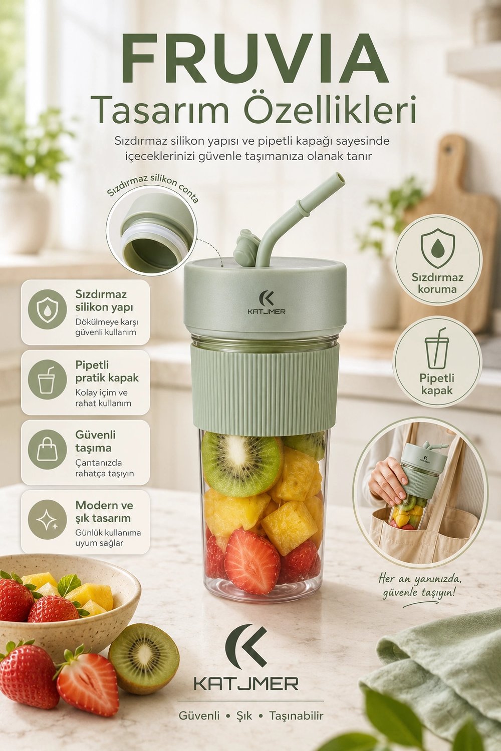 Pratik Kullanımlı Şarjlı Meyve Suyu Blenderı Kapaklı Pipetli Smoothie Hazneli