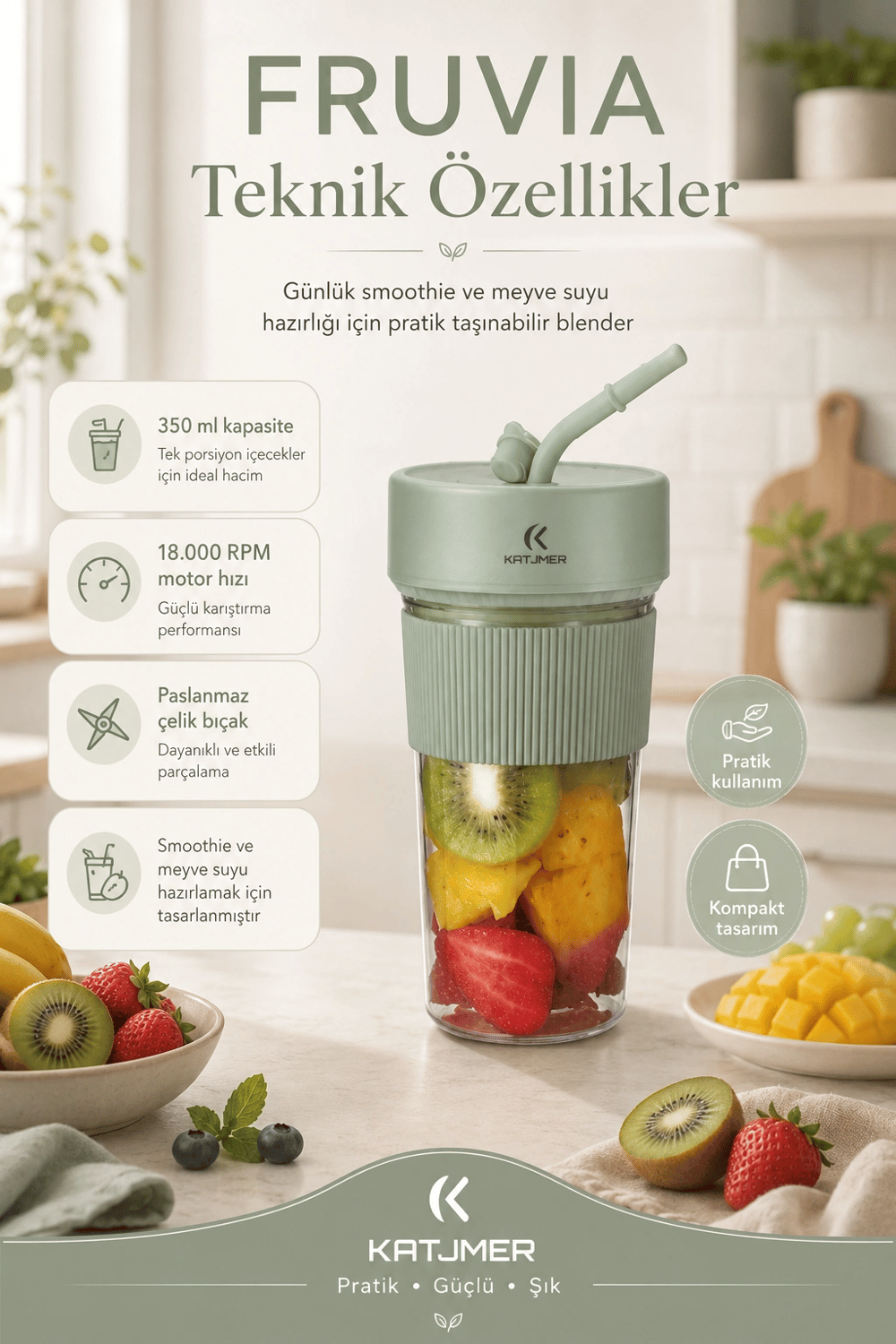 Pratik Kullanımlı Şarjlı Meyve Suyu Blenderı Kapaklı Pipetli Smoothie Hazneli