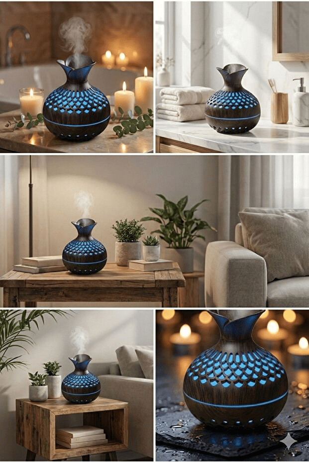 Premium Ahşap Desenli Ultrasonik Aromaterapi Difüzör & Hava Nemlendirici