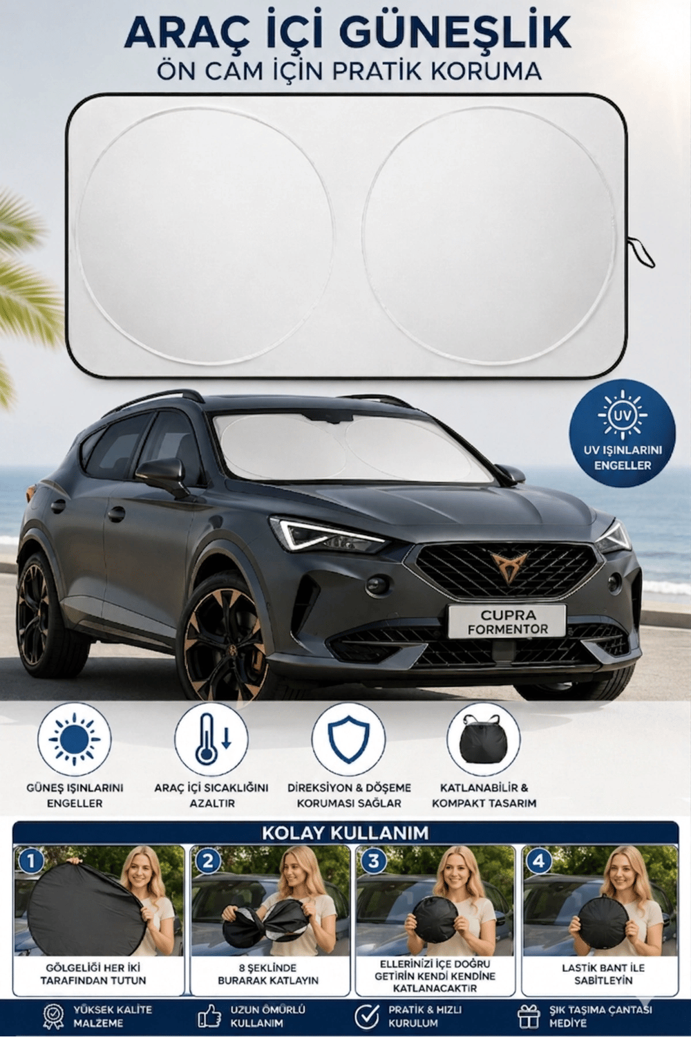Premium Büyük Boy Katlanır Oto Ön Cam Güneşliği Isı Yansıtıcı UV Otomobil Aksesuarı
