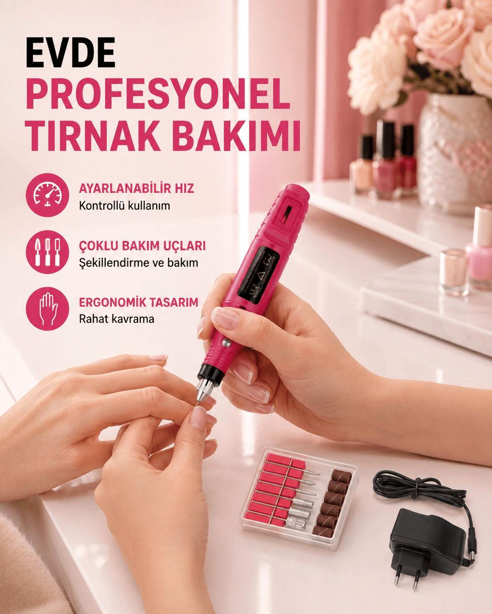 Profesyonel Tırnak Matkap Makinesi – USB Şarjlı, Ayarlanabilir Hız, Düşük Titreşimli ve Sessiz Çalışma
