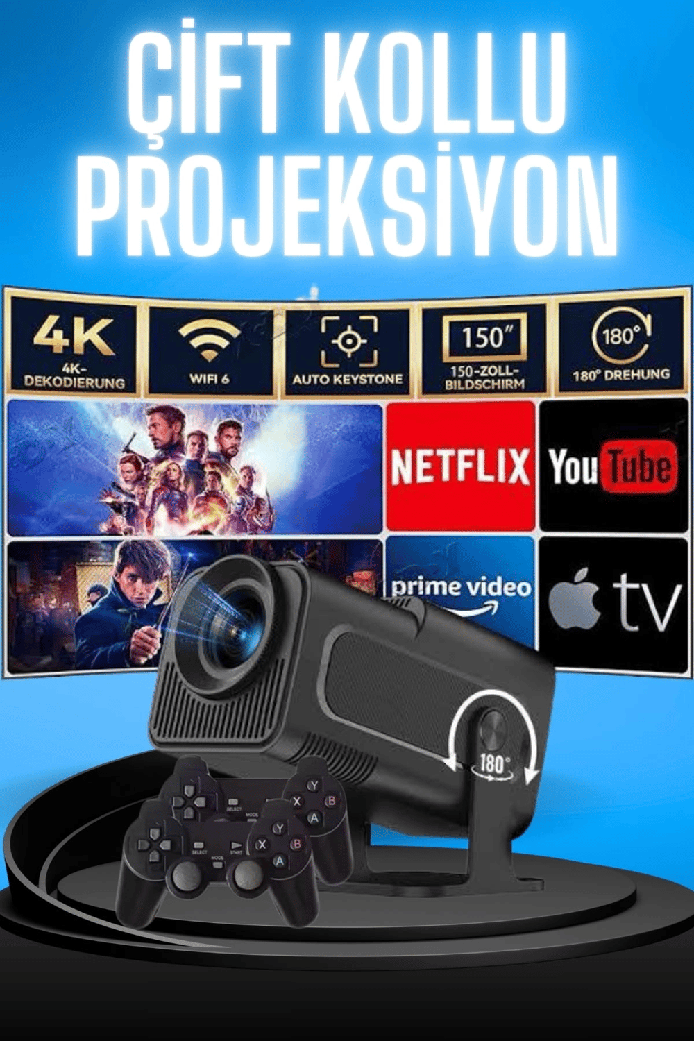 Projektör Siyah Android Taşınabilir Sinema Projeksiyon Wifi Destekli En Güncel Sürüm Akıllı