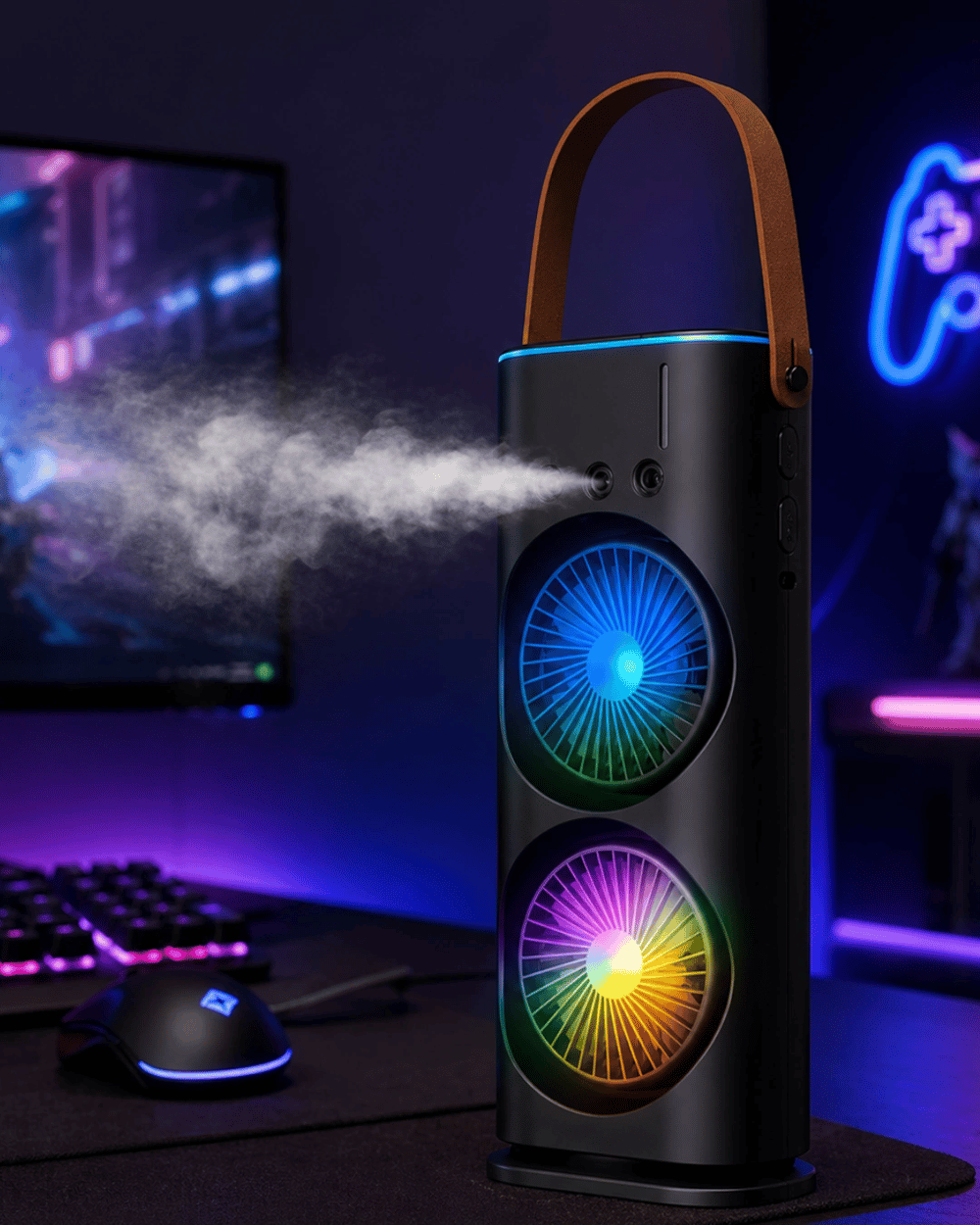 RGB Işıklı Spreyli Masa Fanı Çift Motorlu Güçlü Üflemeli Taşınabilir Fan