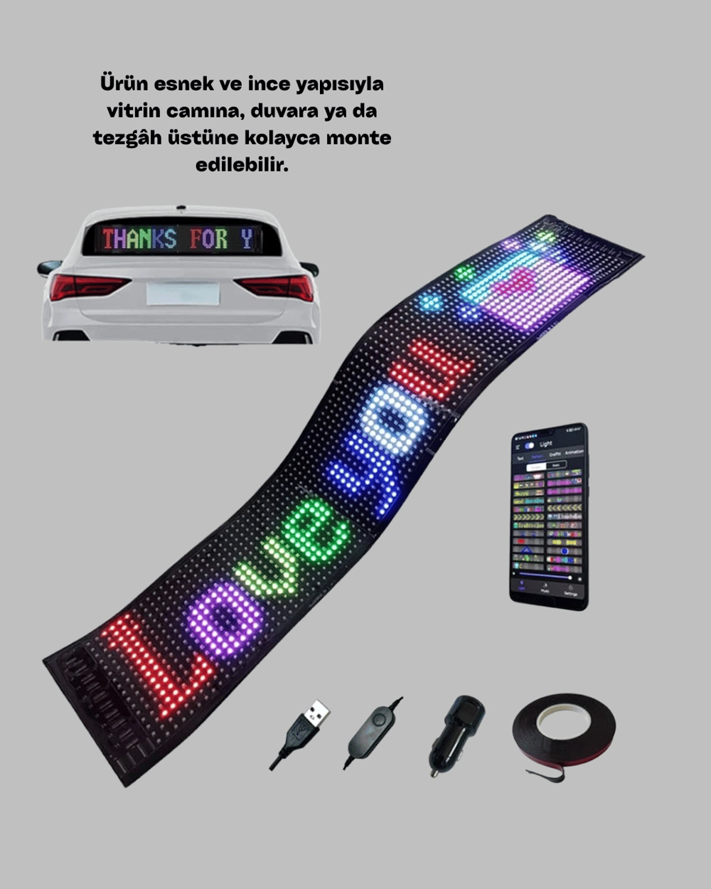 RGB Renkli LED Ekran Tabela USB Bağlantılı ve Kayan Yazı Destekli