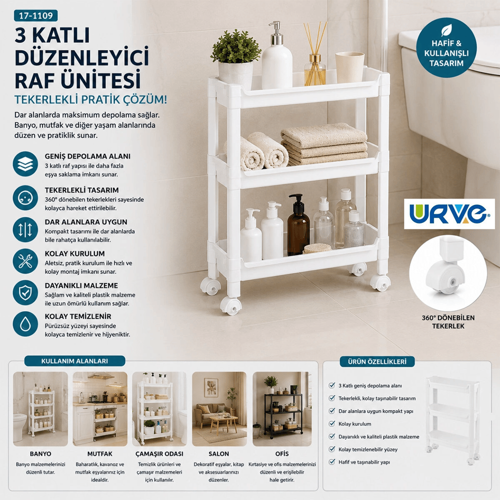 Rafty 3 Katlı Tekerlekli Sepet Organizer Düzenleyici Raf Ünitesi 465x145x480mm Bx40