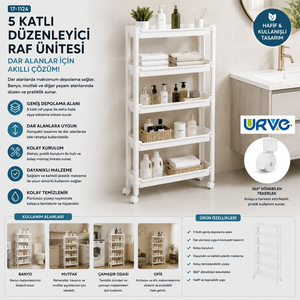 Rafty 5 Katlı Tekerlekli Sepet Organizer Düzenleyici Raf Ünitesi 465x145x850mm Bx40