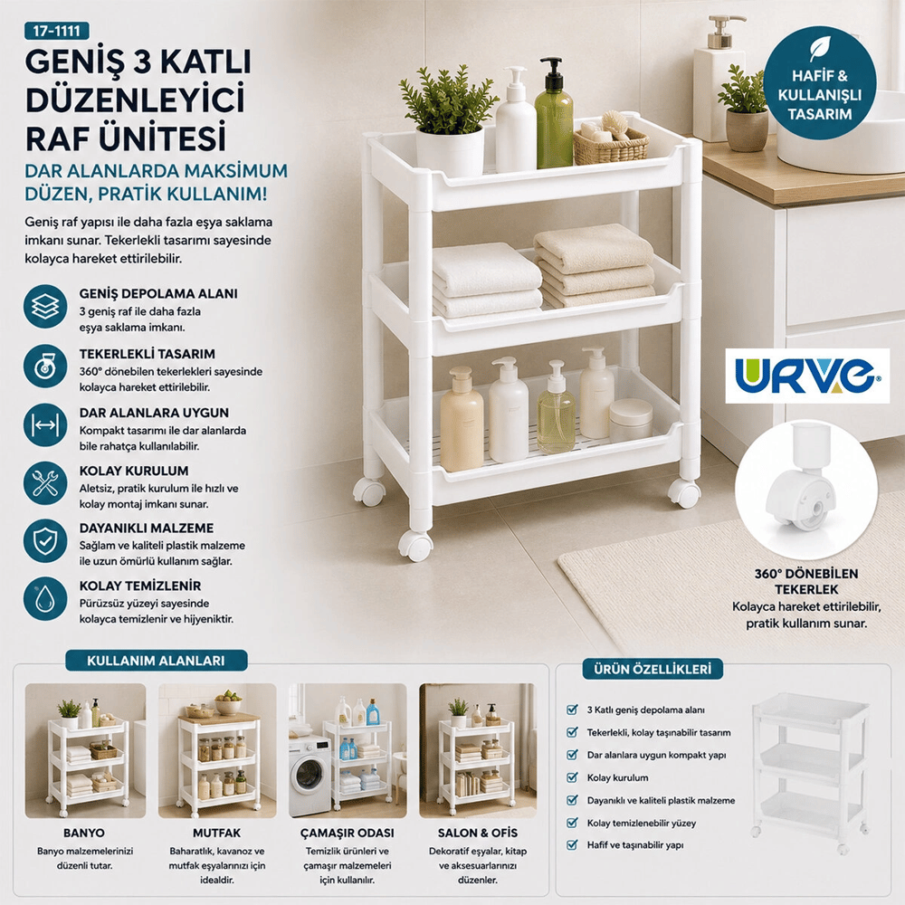 Rafty Geniş 3 Katlı Tekerlekli Sepet Organizer Düzenleyici Raf Ünitesi 352x220x480mm Bx40