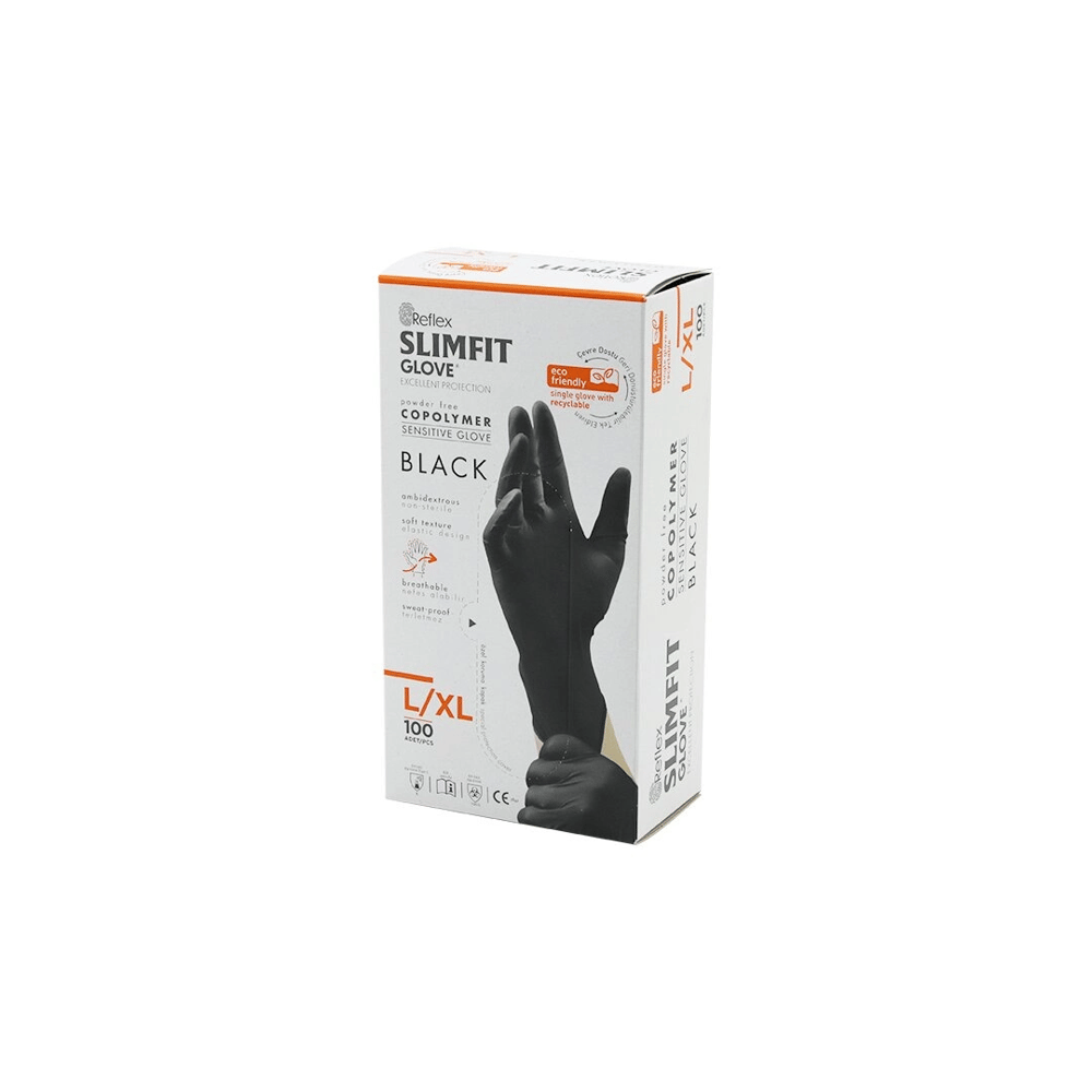 Reflex Slimfit Glove Kod-031 L-xl Siyah Pudrasız Muayene Eldiven 100lü Bx40