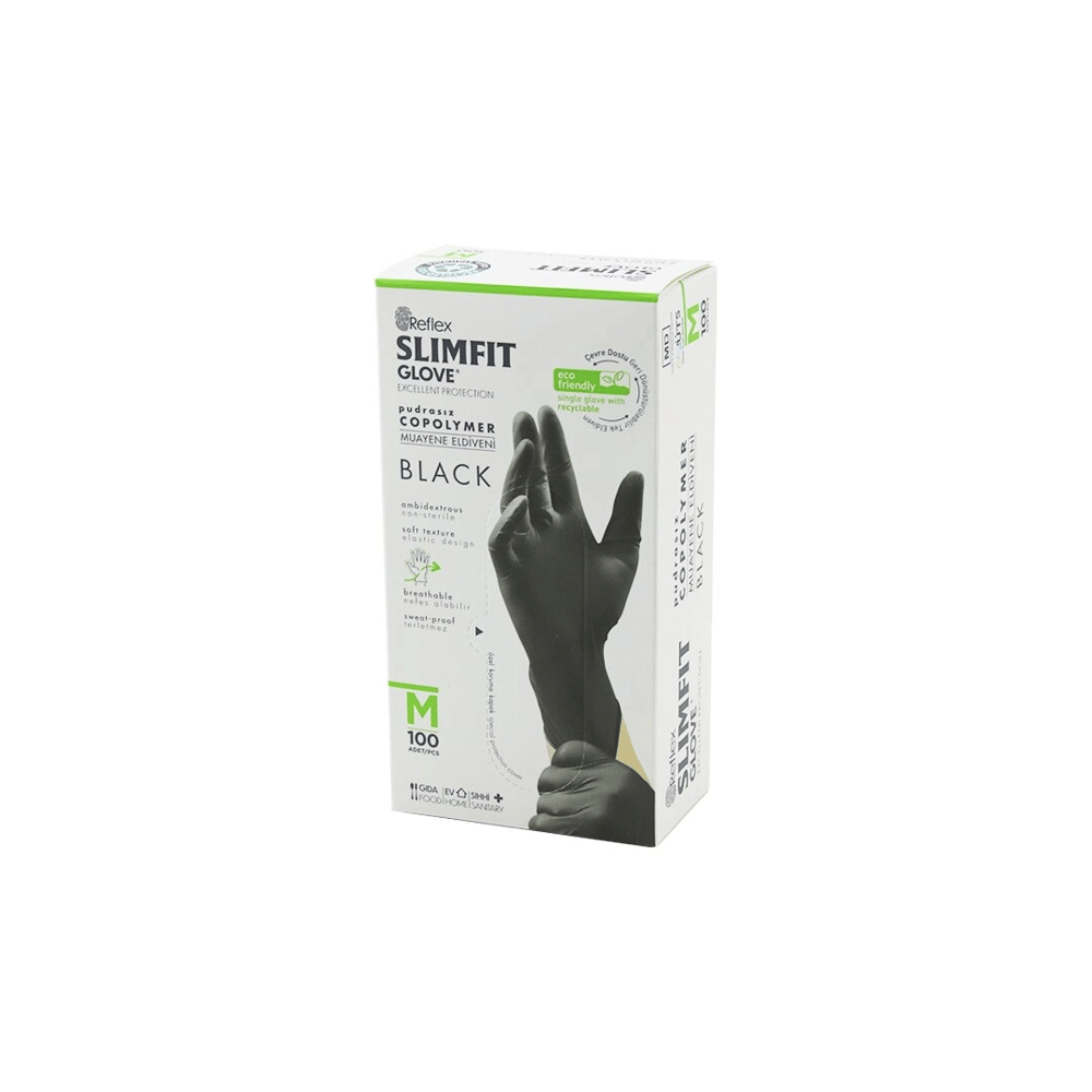 Reflex Slimfit Glove Kod-032 M Siyah Pudrasız Muayene Eldiven 100lü Bx40