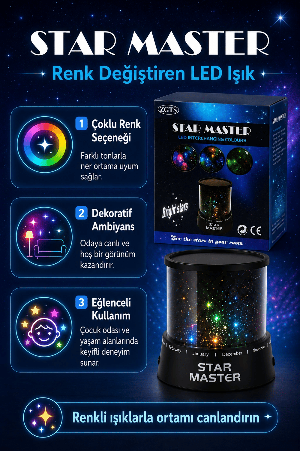 Renk Değiştiren LED Yıldız Projektör Gece Lambası Oda Tavanı İçin Dekoratif Işık