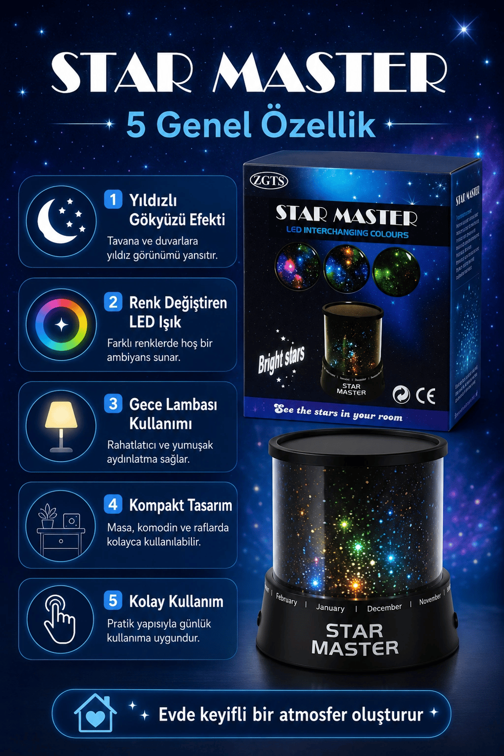 Renk Değiştiren LED Yıldız Projektör Gece Lambası Oda Tavanı İçin Dekoratif Işık