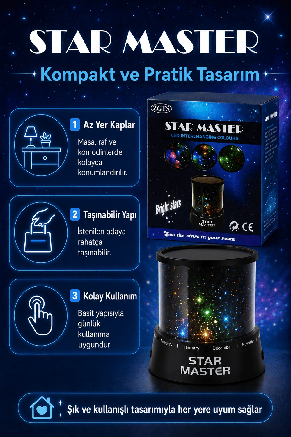 Renk Değiştiren LED Yıldız Projektör Gece Lambası Oda Tavanı İçin Dekoratif Işık