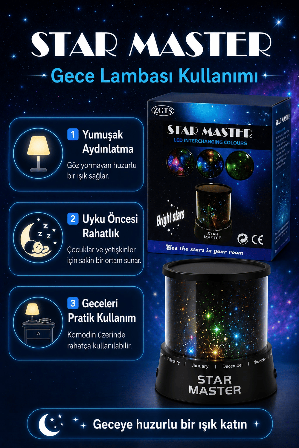 Renk Değiştiren LED Yıldız Projektör Gece Lambası Oda Tavanı İçin Dekoratif Işık